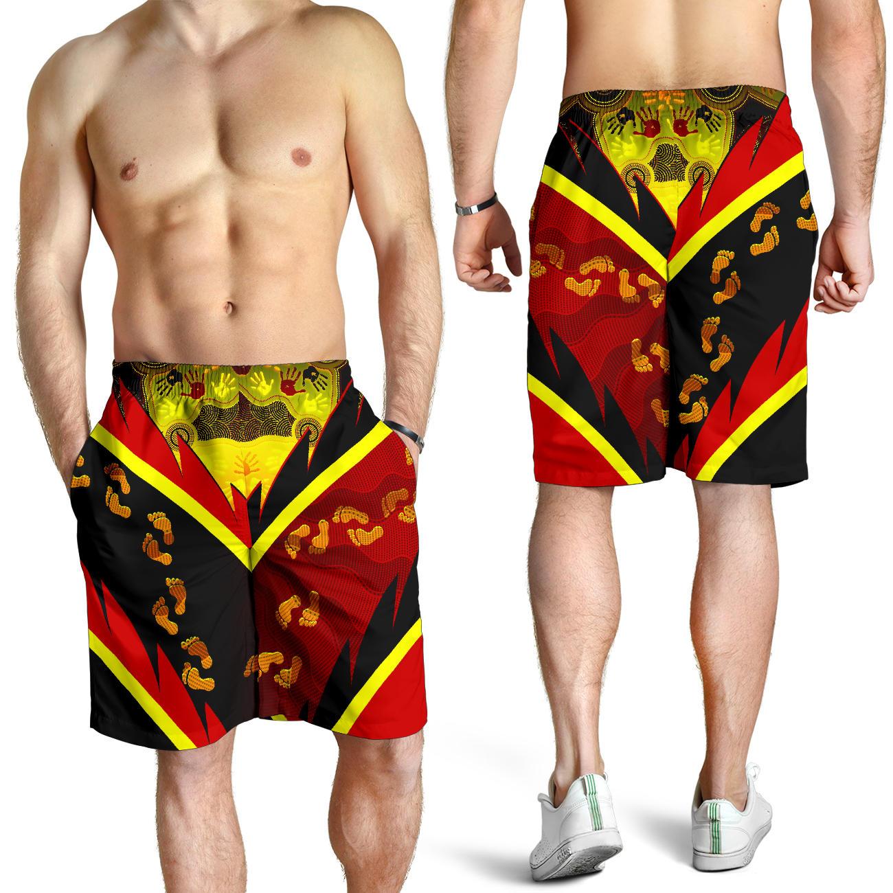 Aboriginal Men's Shorts - Indigenous Flag With Footprint Hand Art - Vibe Hoodie Shop