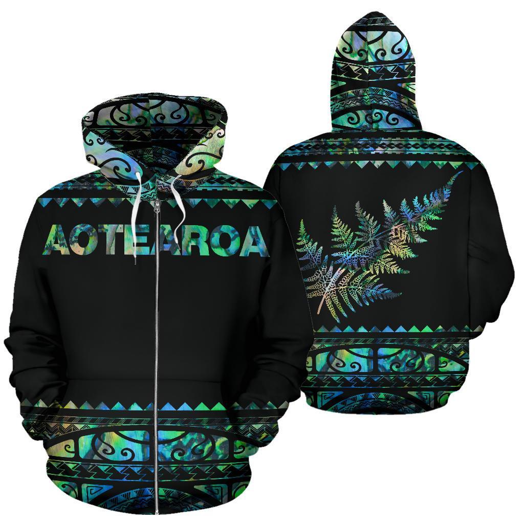 New Zealand Maori Zip Up Hoodie, Aotearoa Silver Fern Zipper Hoodie - Paua Shell - Vibe Hoodie Shop