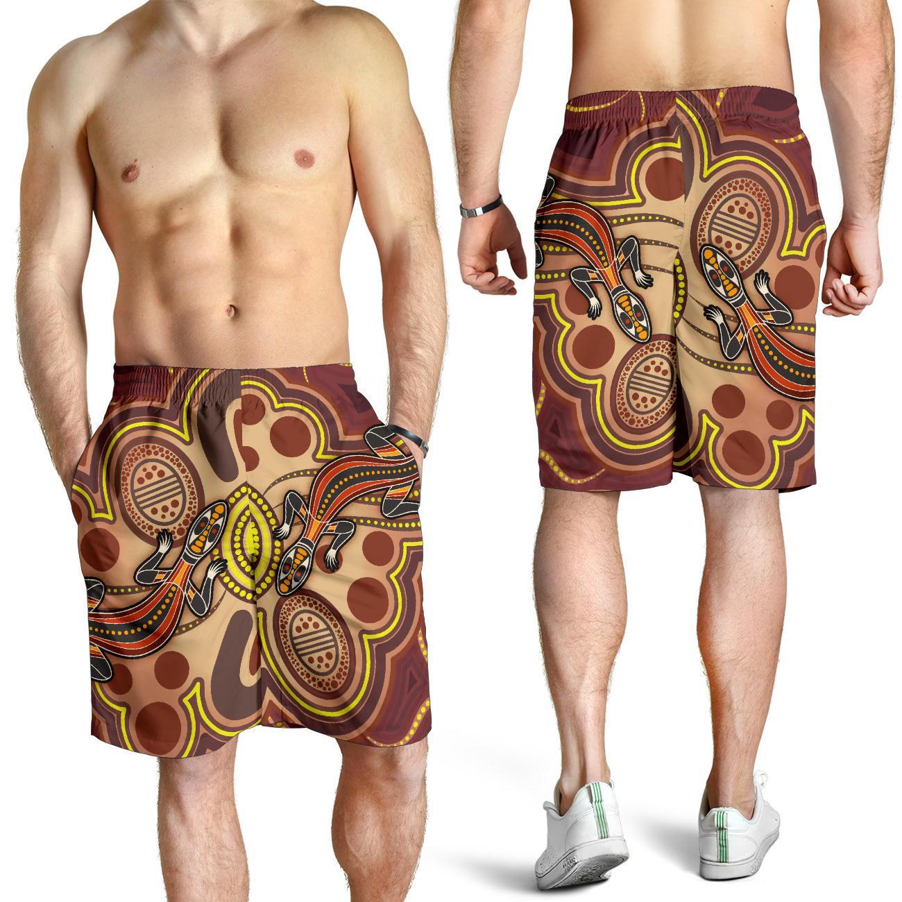 Aboriginal Men's Shorts, Indigenous Lizard Dot Painting Art - Vibe Hoodie Shop