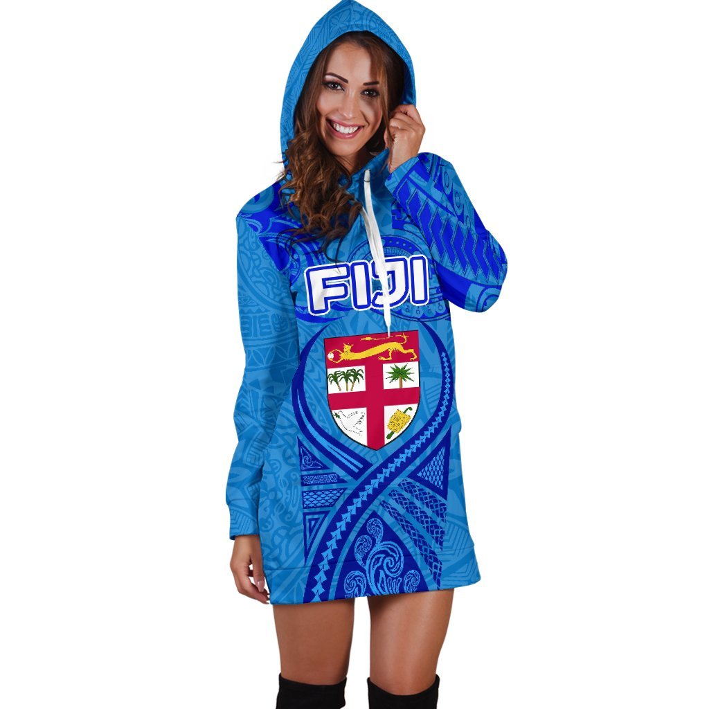 Blue Women Hoodie Dress Fiji Rugby Polynesian Waves Style - Vibe Hoodie Shop