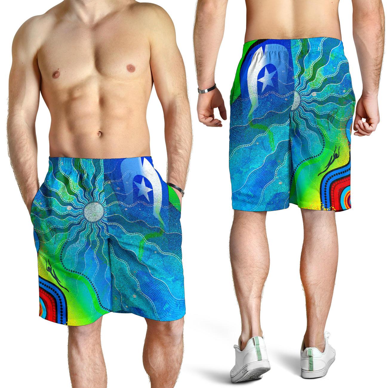 Men's Shorts - Torres Strait Islanders Flag with Aboriginal Patterns Shorts - Vibe Hoodie Shop