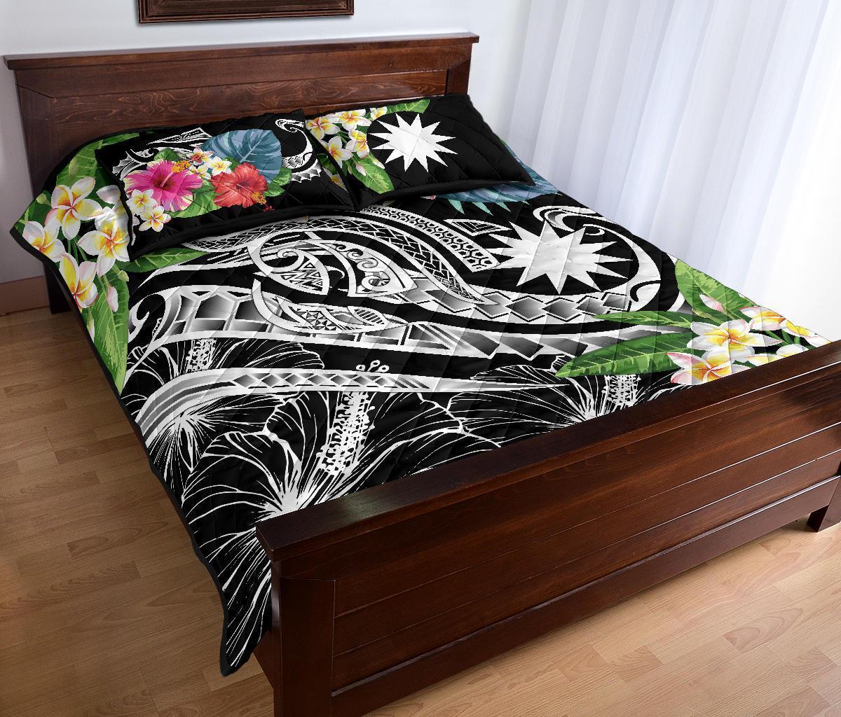 Nauru Polynesian Quilt Bed Set - Summer Plumeria (Black) - Vibe Hoodie Shop