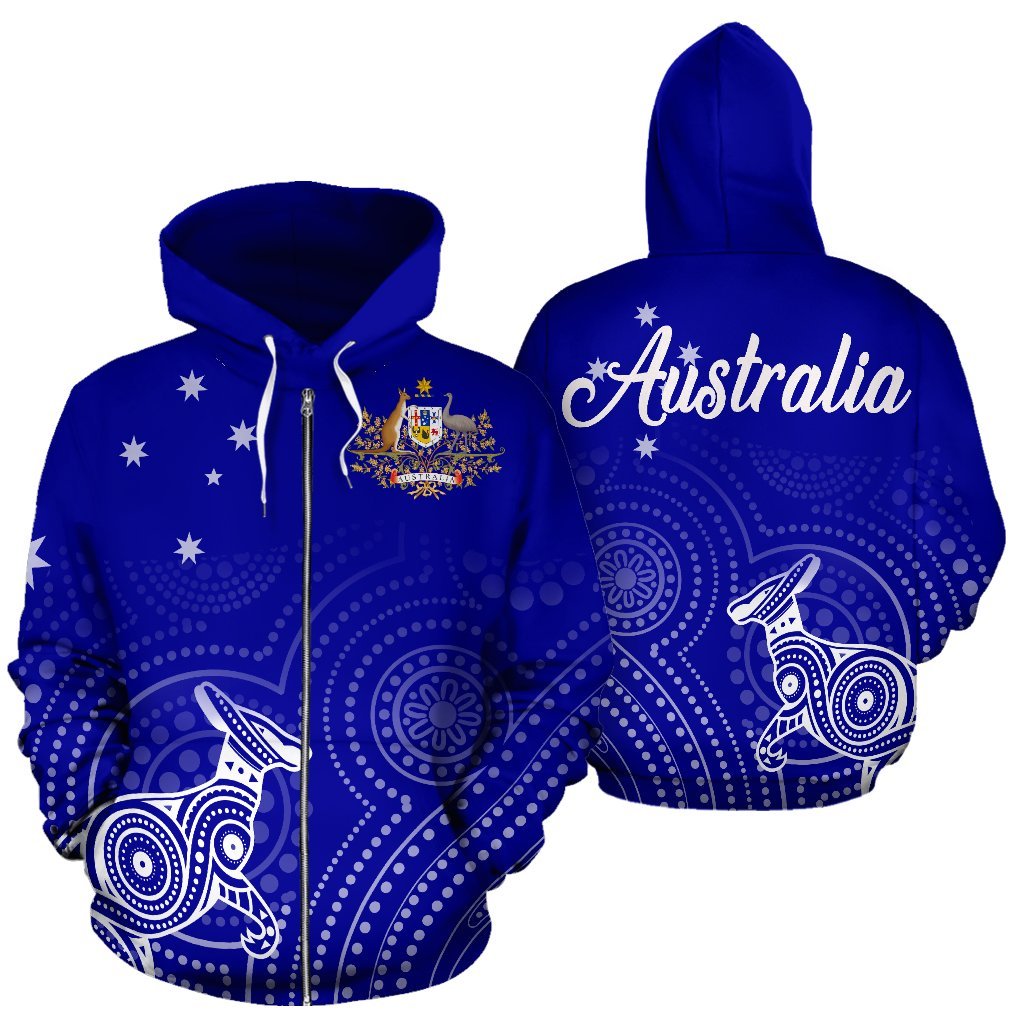 Aboriginal Zip Up Hoodie, Kangaroo Dot Painting Australian Coat Of Arms - Vibe Hoodie Shop