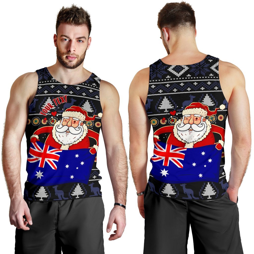 Christmas Personalised Men's Tank Top - Australia Santa Claus Hold The Flag (Black) - Vibe Hoodie Shop