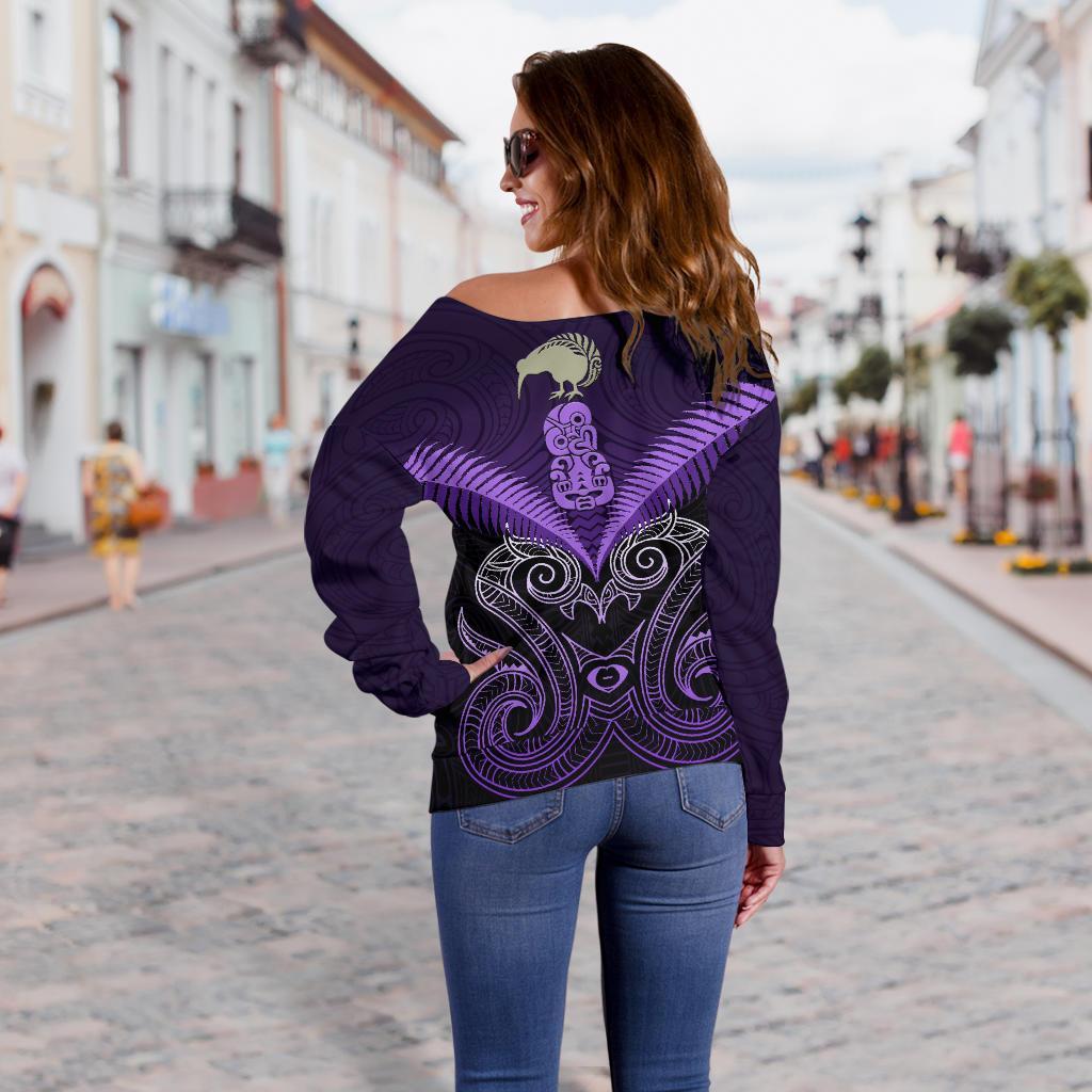 Maori Manaia New Zealand Off Shoulder Sweater Purple - Vibe Hoodie Shop