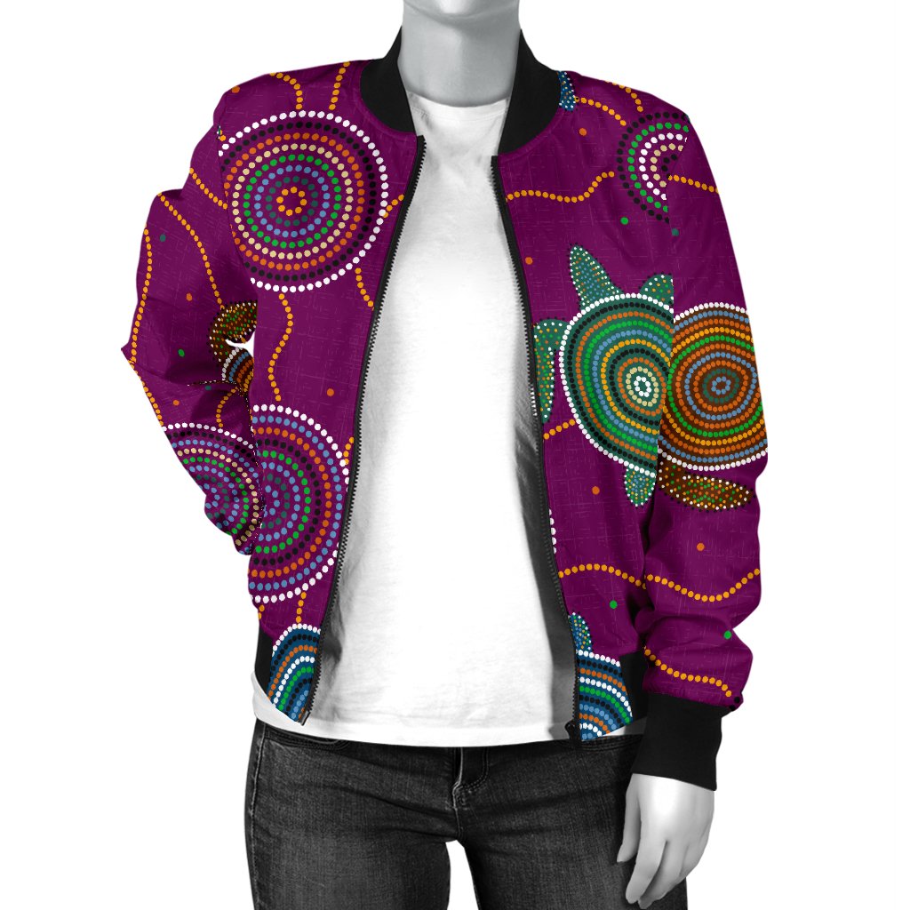 Women Bomber Jacket - Aboriginal Turtle Purple Australia Dot Patterns - Vibe Hoodie Shop