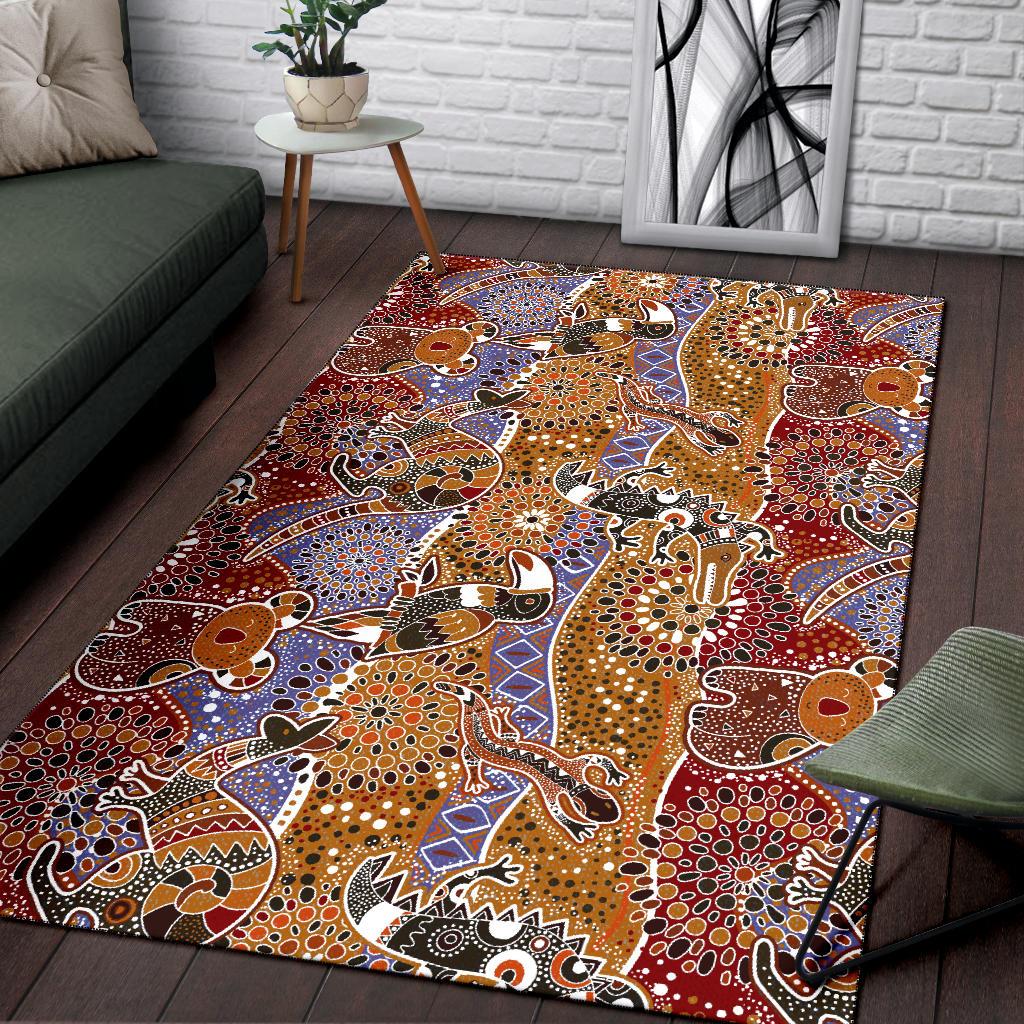 Area Rug - Aboriginal Patterns Rug Australian Animals - Vibe Hoodie Shop