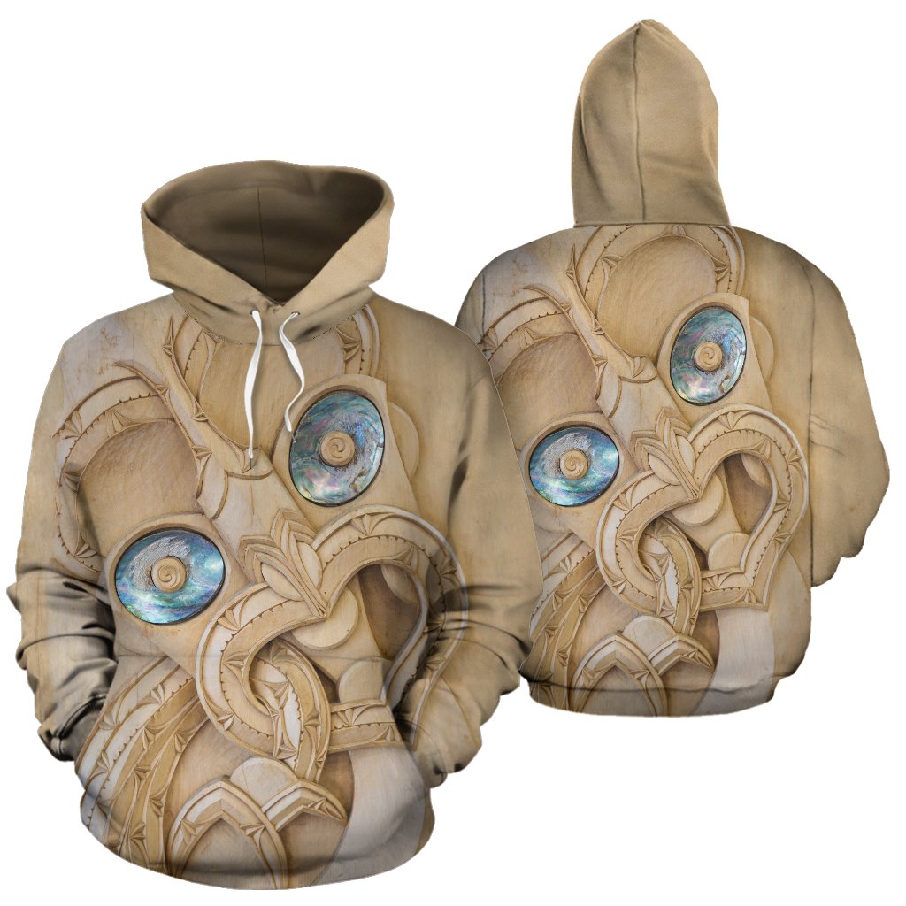 New Zealand Maori Hoodie, Tiki With Paua Shell Eyes Pullover Hoodie - Vibe Hoodie Shop