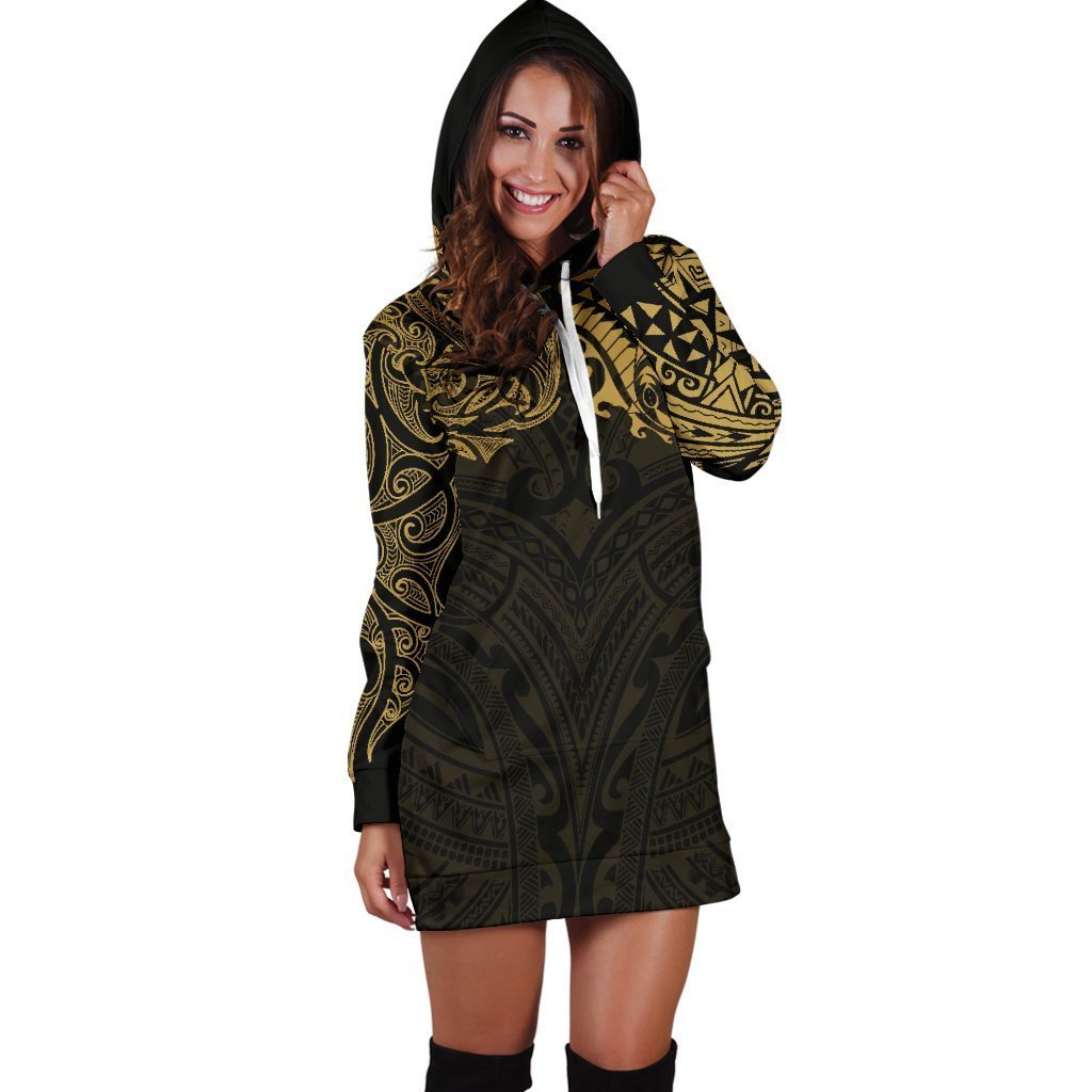 New Zealand Women's Hoodie Dress, Maori Polynesian Tattoo Gold - Vibe Hoodie Shop