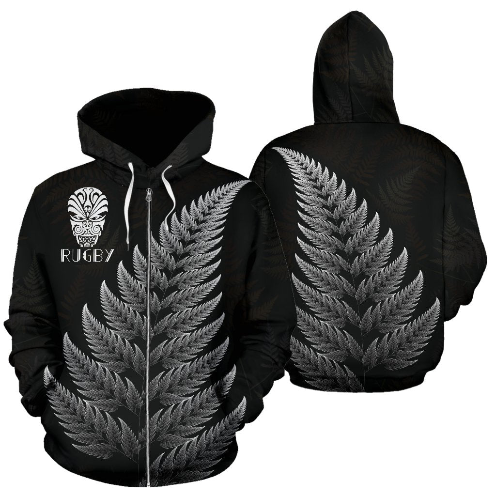 New Zealand Zip Hoodie Silver Fern Rugby Haka Face - Vibe Hoodie Shop