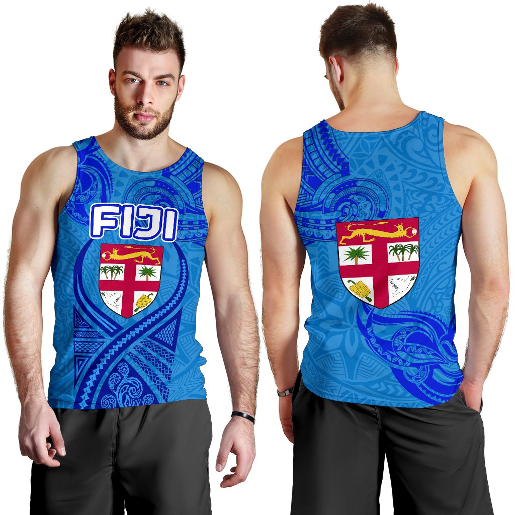 Blue Men Tank Top Fiji Rugby Polynesian Waves Style - Vibe Hoodie Shop