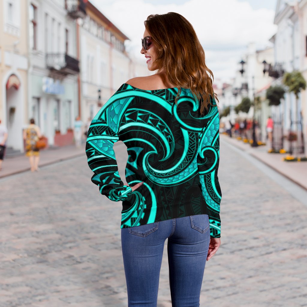 New Zealand Maori Mangopare Women Off Shoulder Sweater Polynesian - Turquoise - Vibe Hoodie Shop