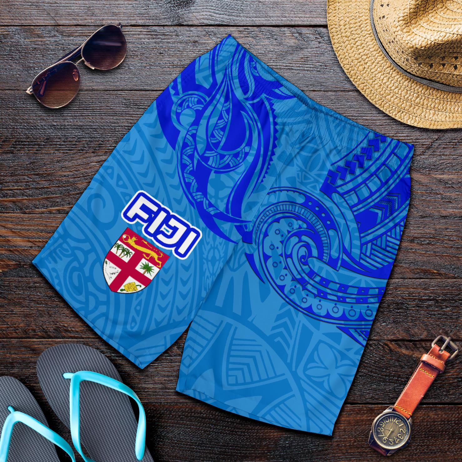 Blue Men Shorts Fiji Rugby Polynesian Waves Style - Vibe Hoodie Shop