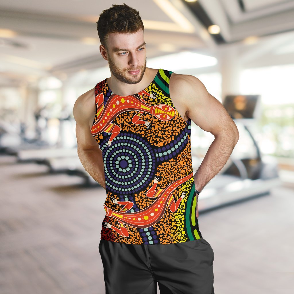 1st Australia Men Tank Top - Aboriginal Two Lizards Dot Painting Circle - Vibe Hoodie Shop