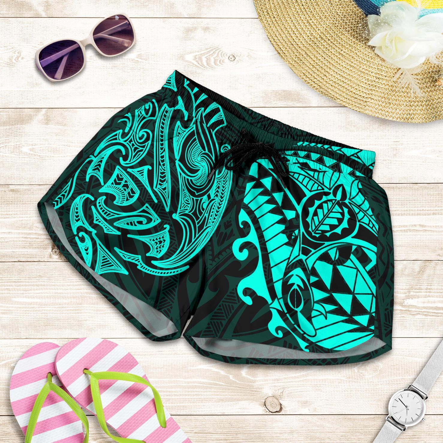 new-zealand-all-over-print-womens-shorts-maori-polynesian-tattoo-turquoise