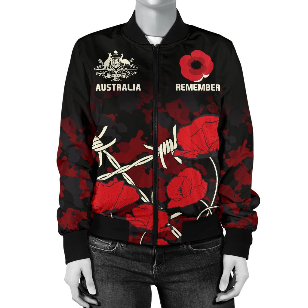 ANZAC Women's Bomber Jacket - ANZAC with Remembrance Poppy Flower - Vibe Hoodie Shop