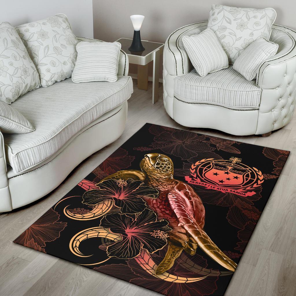 Samoa Polynesian Area Rugs - Turtle With Blooming Hibiscus Gold - Vibe Hoodie Shop