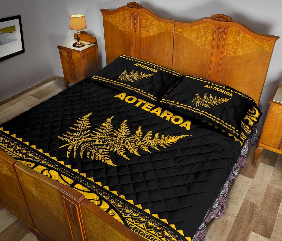 Aotearoa New Zealand Maori Quilt Bed Set Silver Fern Yellow - Vibe Hoodie Shop