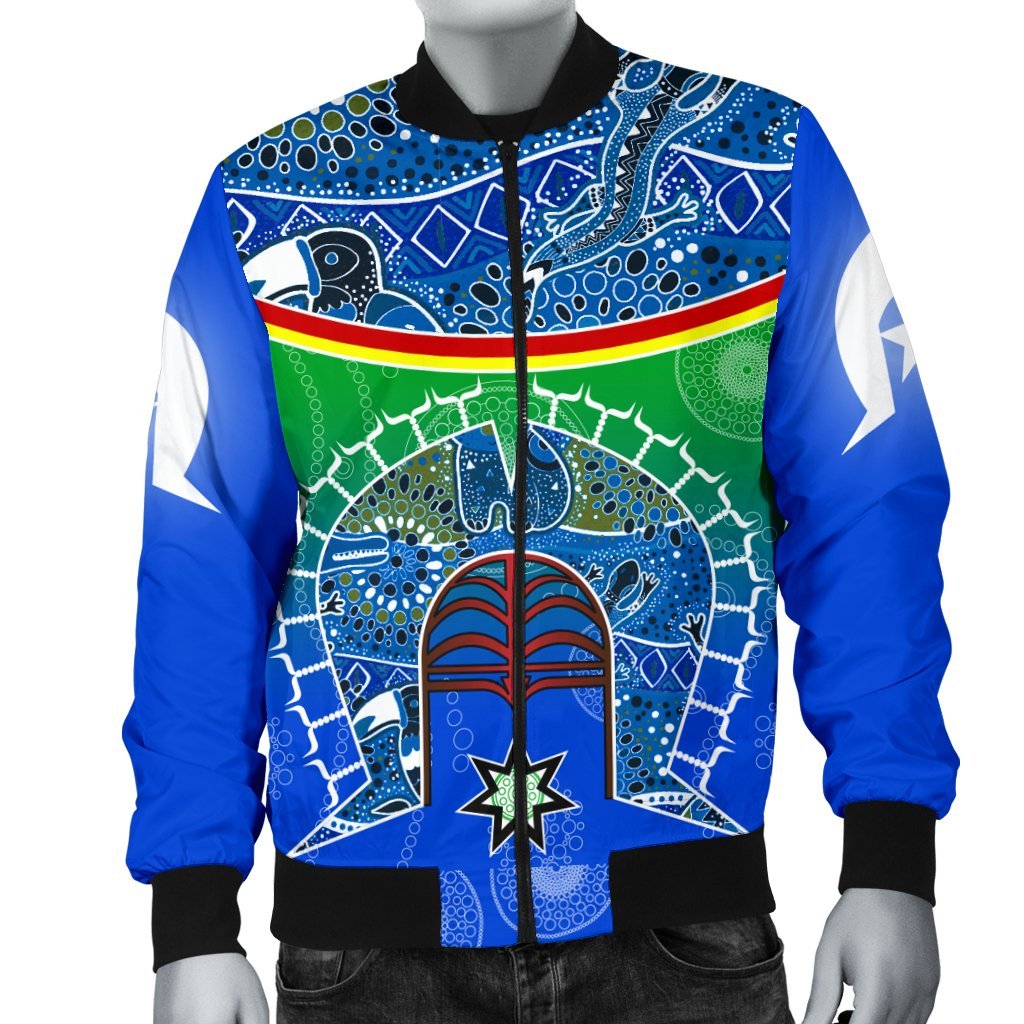 Men;s Bomber Jacket - Torres Strait Symbol With Aboriginal Patterns - Vibe Hoodie Shop