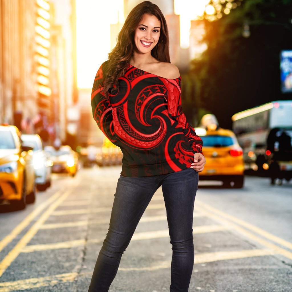 New Zealand Maori Mangopare Women Off Shoulder Sweater Polynesian - Red - Vibe Hoodie Shop