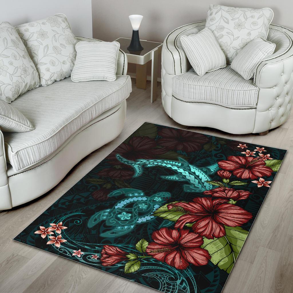 Polynesian Area Rug Turtle And Shark - Hibiscus Turquoise - Vibe Hoodie Shop