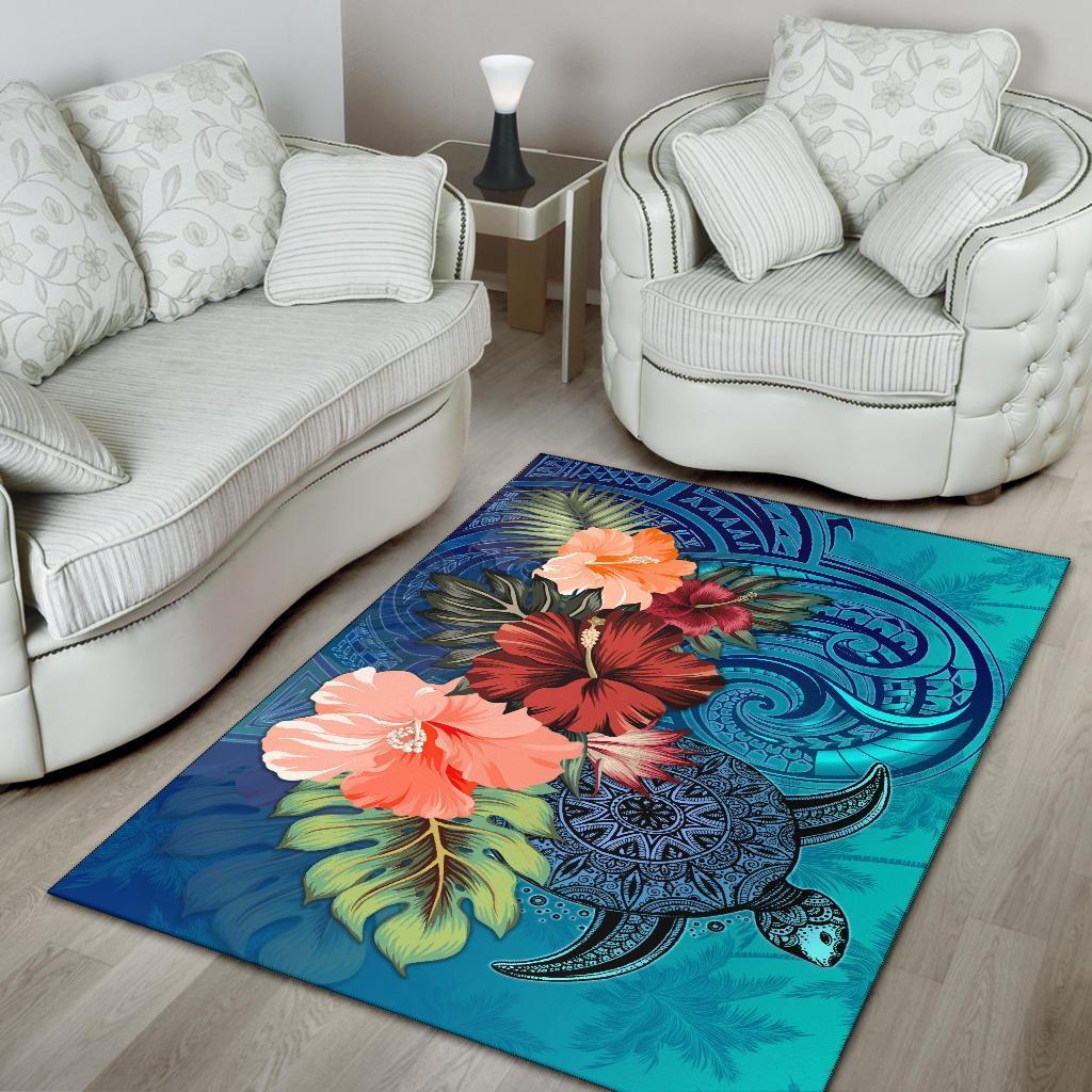 Turtle Polynesian Area Rug Hibiscus Polynesian Blue - Vibe Hoodie Shop