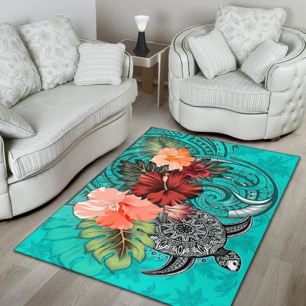 Turtle Polynesian Area Rug Hibiscus Polynesian Turquoise - Vibe Hoodie Shop