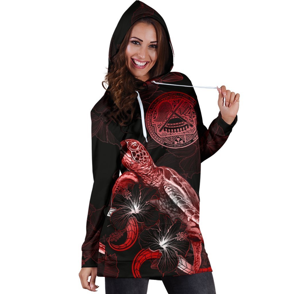 American Samoa Polynesian Hoodie Dress - Turtle With Blooming Hibiscus Red - Vibe Hoodie Shop