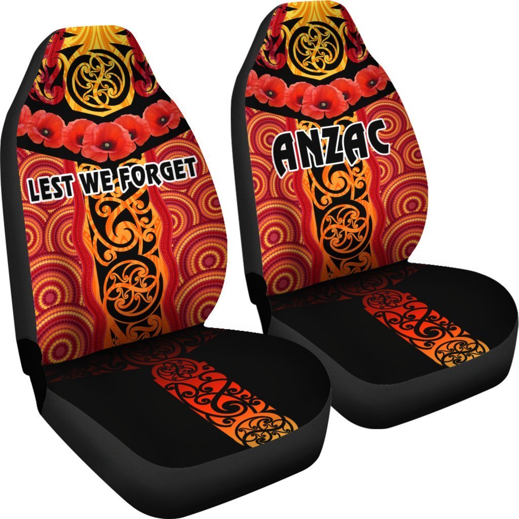 ANZAC Lest We Forget Poppy Car Seat Covers New Zealand Maori Silver Fern - Australia Aboriginal - Vibe Hoodie Shop