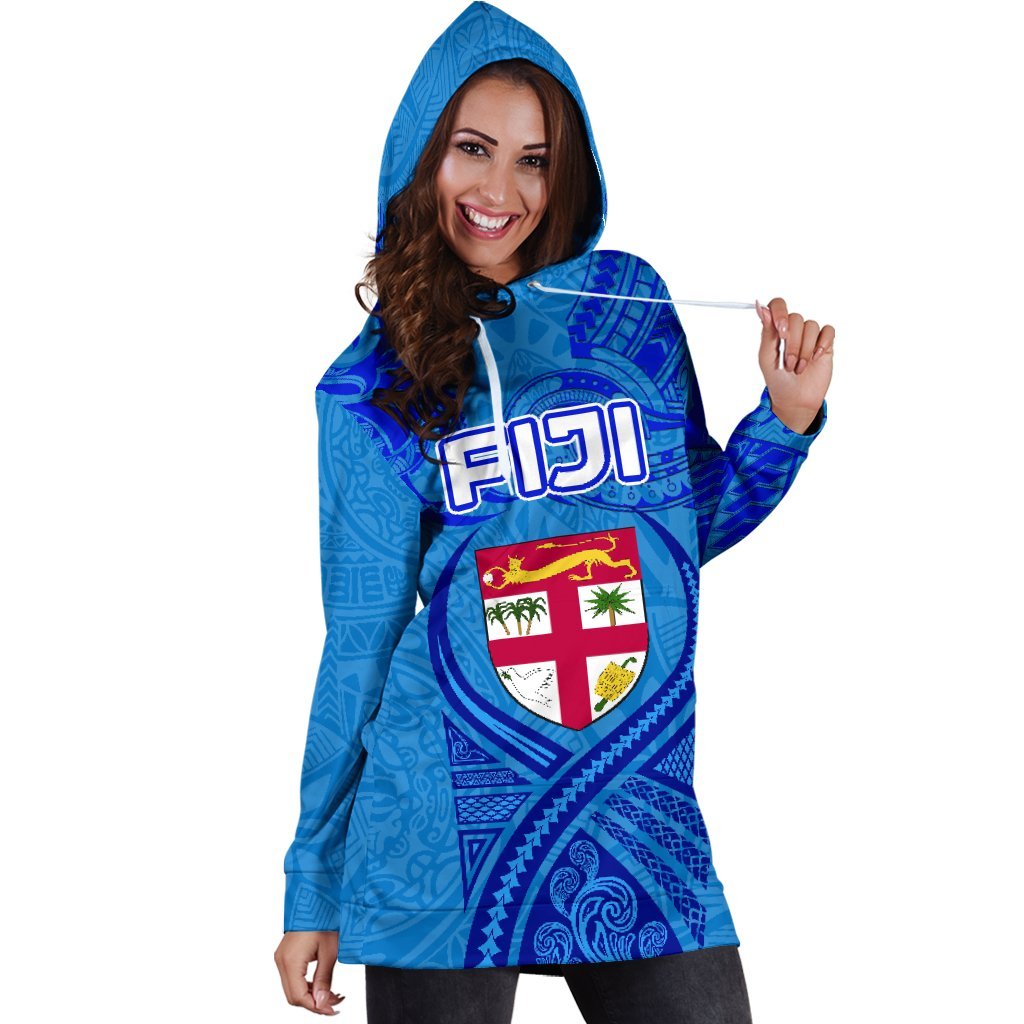 Blue Women Hoodie Dress Fiji Rugby Polynesian Waves Style - Vibe Hoodie Shop