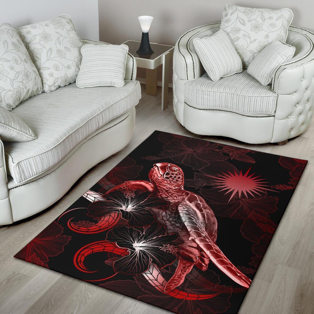 Marshall Islands Polynesian Area Rugs - Turtle With Blooming Hibiscus Red - Vibe Hoodie Shop