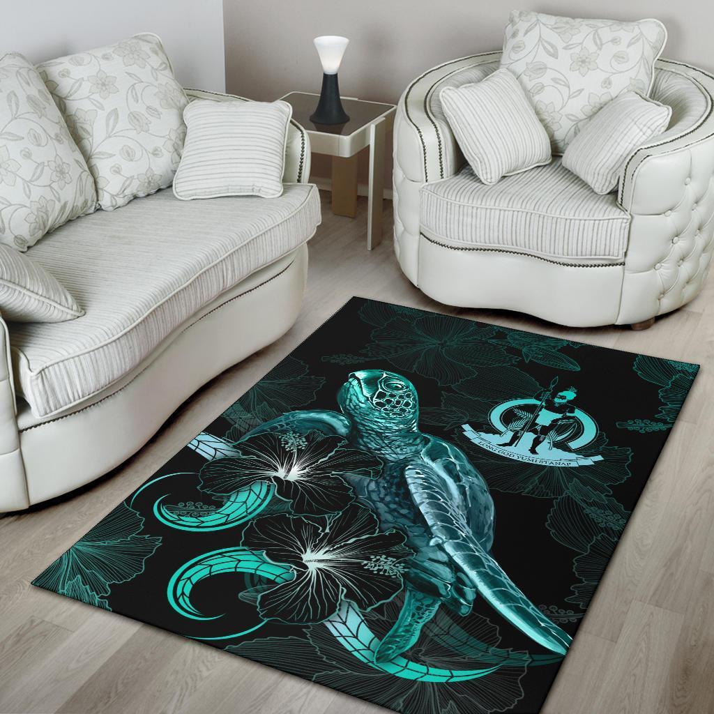 Vanuatu Polynesian Area Rugs - Turtle With Blooming Hibiscus Turquoise - Vibe Hoodie Shop