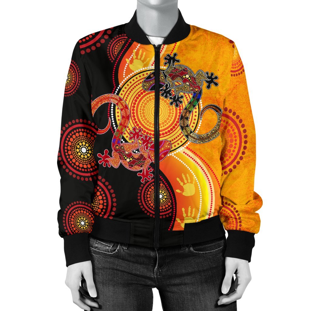 Aboriginal Women's Bomber Jacket - Couple Aboriginal Lizards - Vibe Hoodie Shop