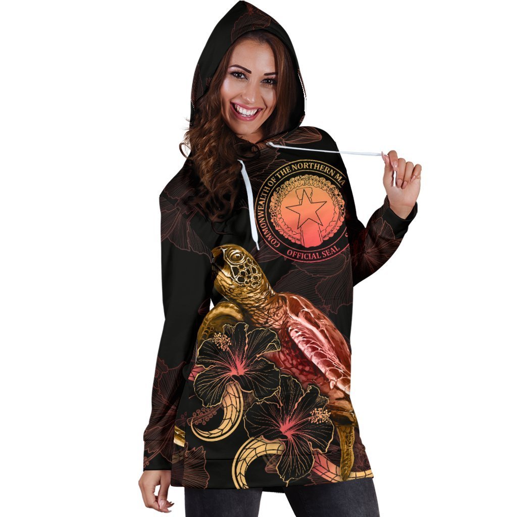 CNMI Polynesian Hoodie Dress - Turtle With Blooming Hibiscus Gold - Vibe Hoodie Shop