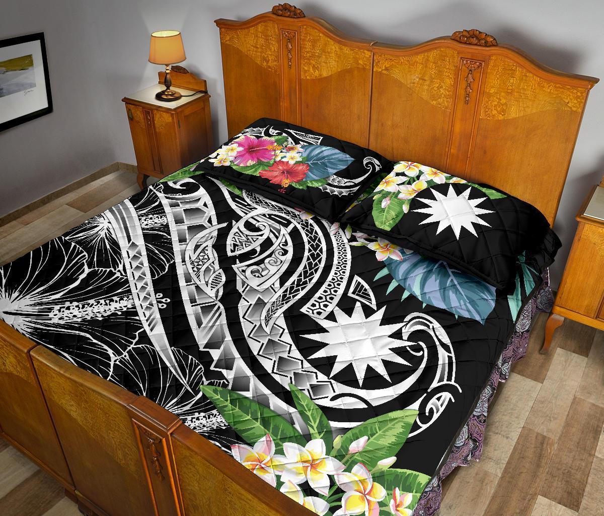 Nauru Polynesian Quilt Bed Set - Summer Plumeria (Black) - Vibe Hoodie Shop