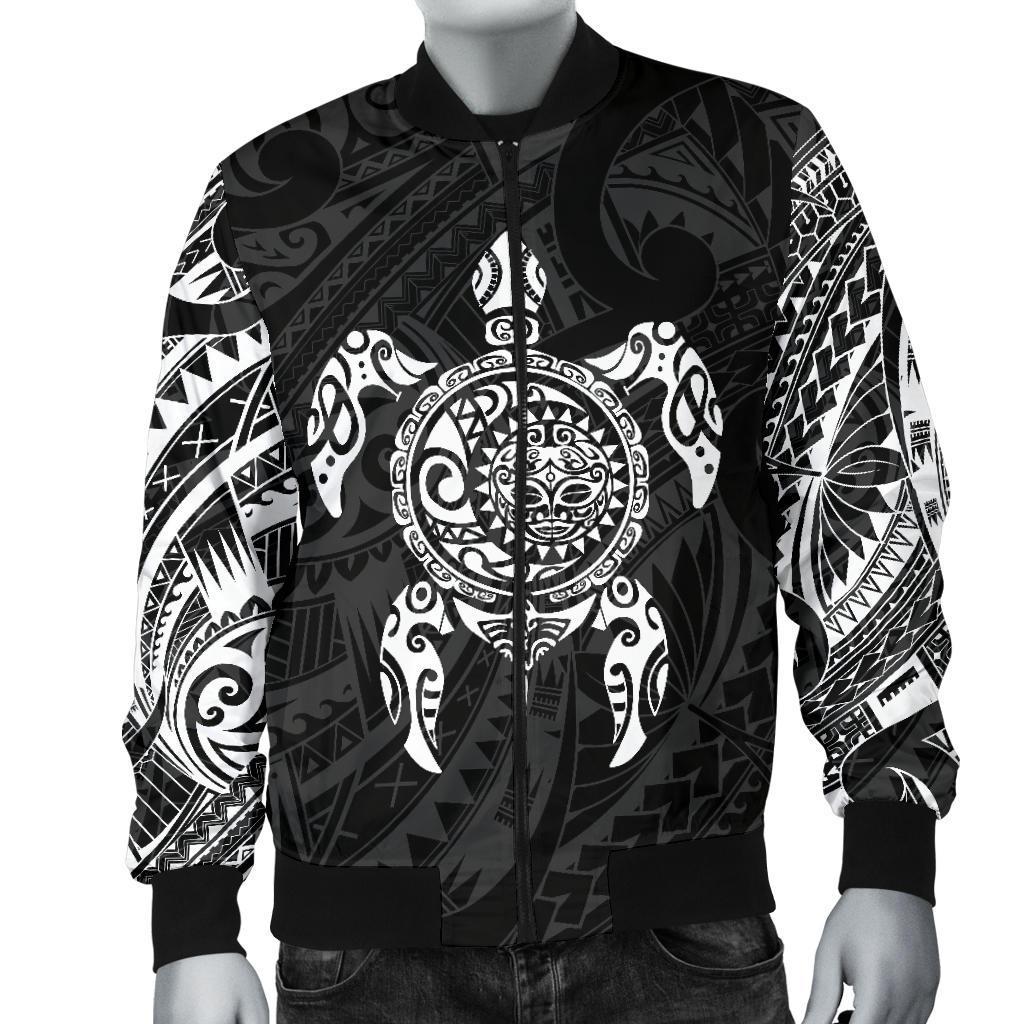 New Zealand Men Bomber Jacket, Maori Turtle Tattoo - White - Vibe Hoodie Shop