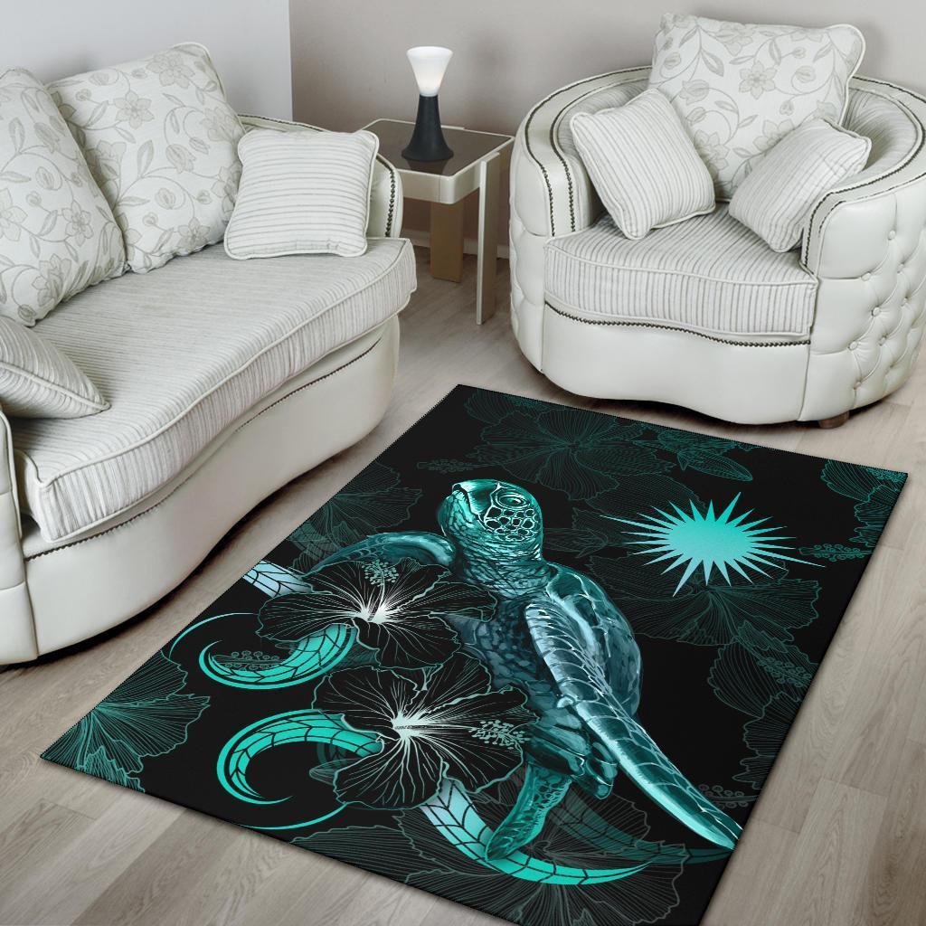 Marshall Islands Polynesian Area Rugs - Turtle With Blooming Hibiscus Turquoise - Vibe Hoodie Shop