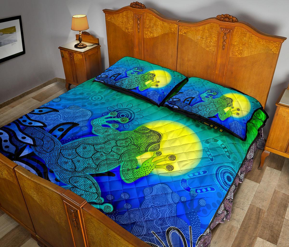 Custom Aboriginal Quilt Bed Set - Indigenous Frog (Blue) - Vibe Hoodie Shop