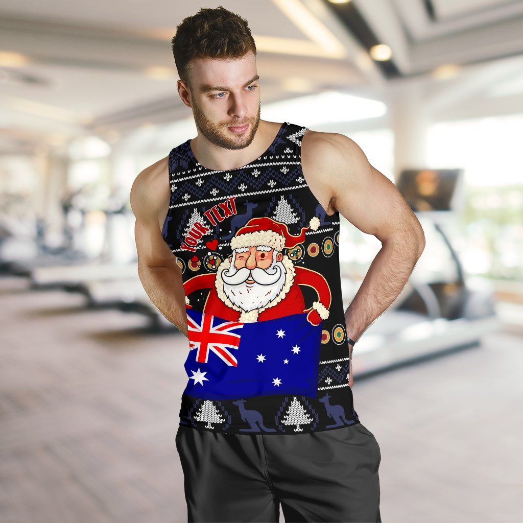 Christmas Personalised Men's Tank Top - Australia Santa Claus Hold The Flag (Black) - Vibe Hoodie Shop