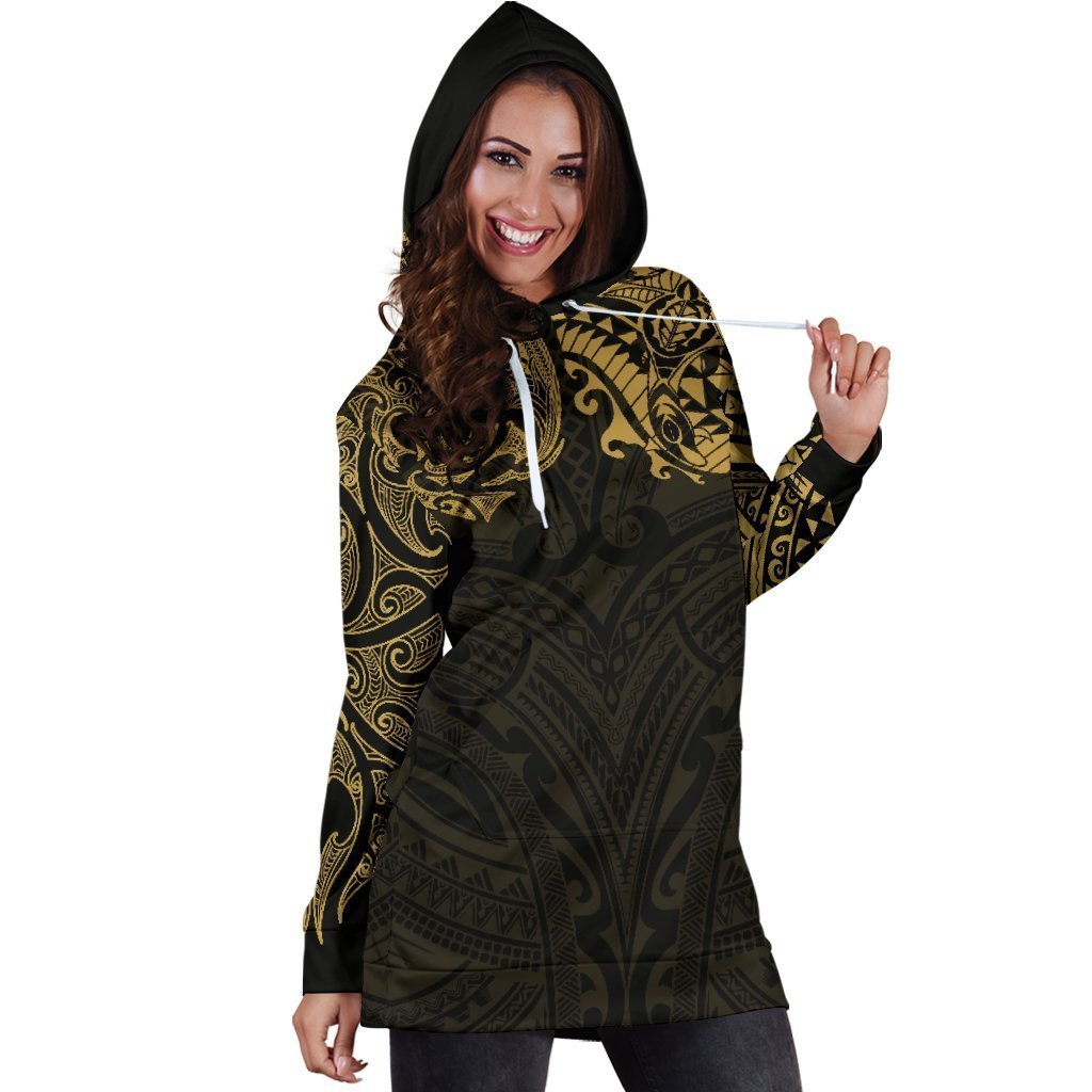 New Zealand Women's Hoodie Dress, Maori Polynesian Tattoo Gold - Vibe Hoodie Shop