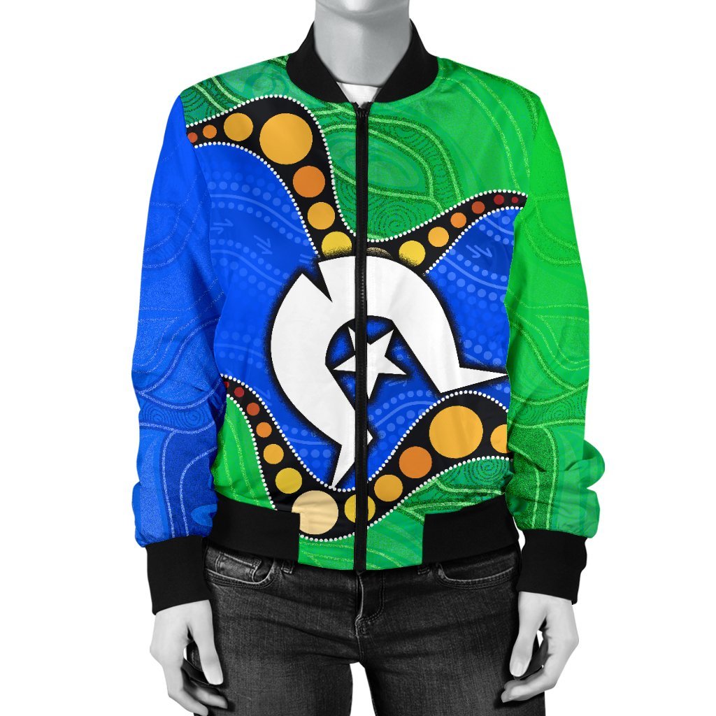 Torres Strait Islands Women's Bomber Jacket - Flag with Aboriginal Patterns - Vibe Hoodie Shop