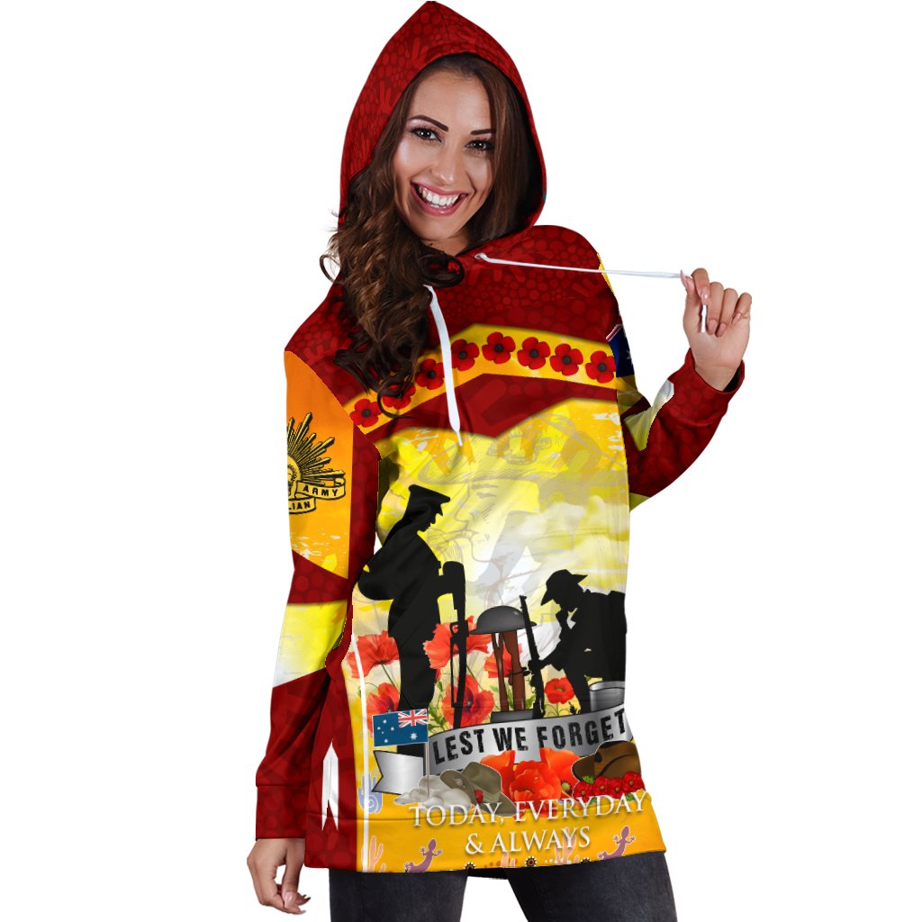 ANZAC Women's Hoodie Dress - Lest We Forget Aboriginal Version - Vibe Hoodie Shop