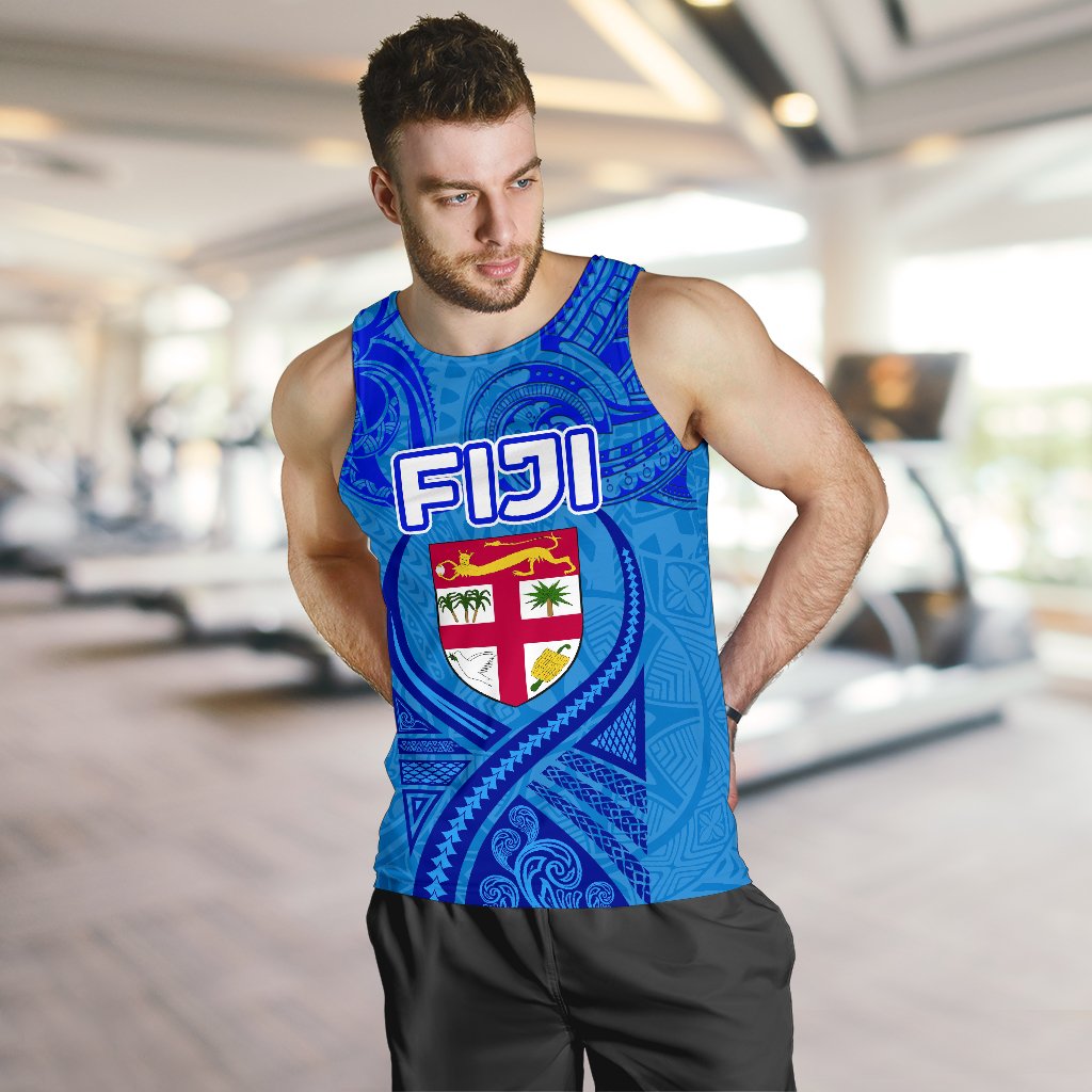 Blue Men Tank Top Fiji Rugby Polynesian Waves Style - Vibe Hoodie Shop