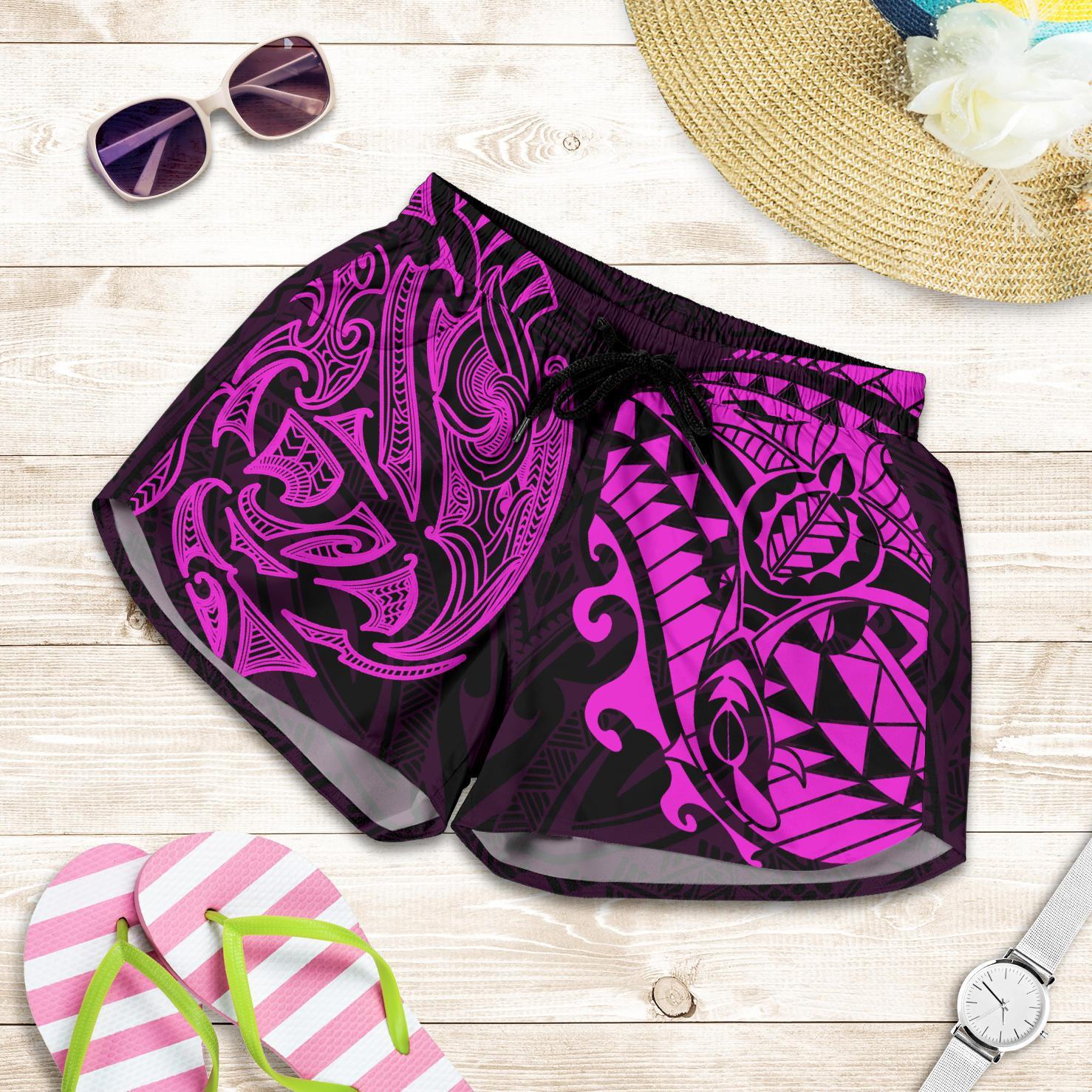 new-zealand-all-over-print-womens-shorts-maori-polynesian-tattoo-purple