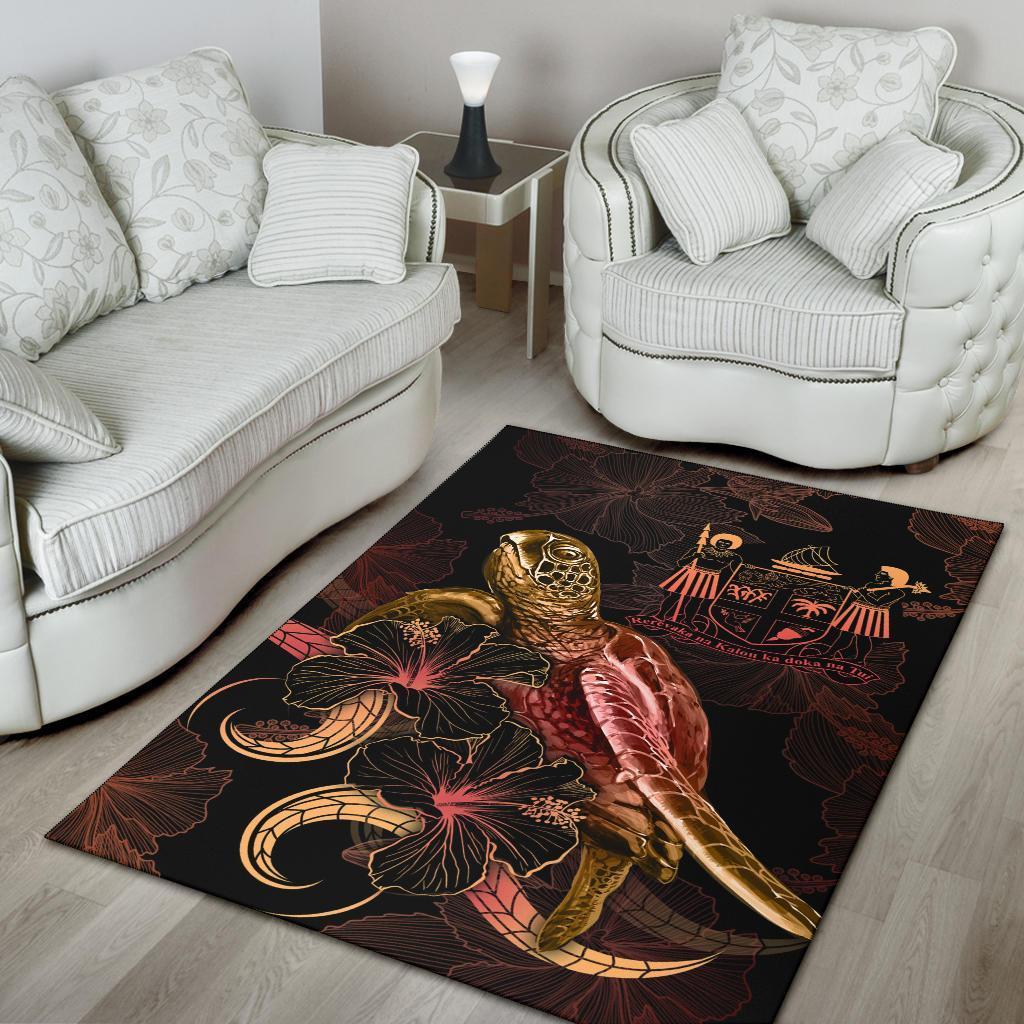 FiJi Polynesian Area Rugs - Turtle With Blooming Hibiscus Gold - Vibe Hoodie Shop