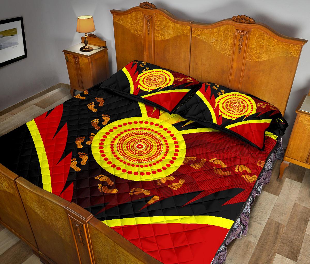Aboriginal Quilt Bed Set - Indigenous Flag With Footprint Hand Art - Vibe Hoodie Shop