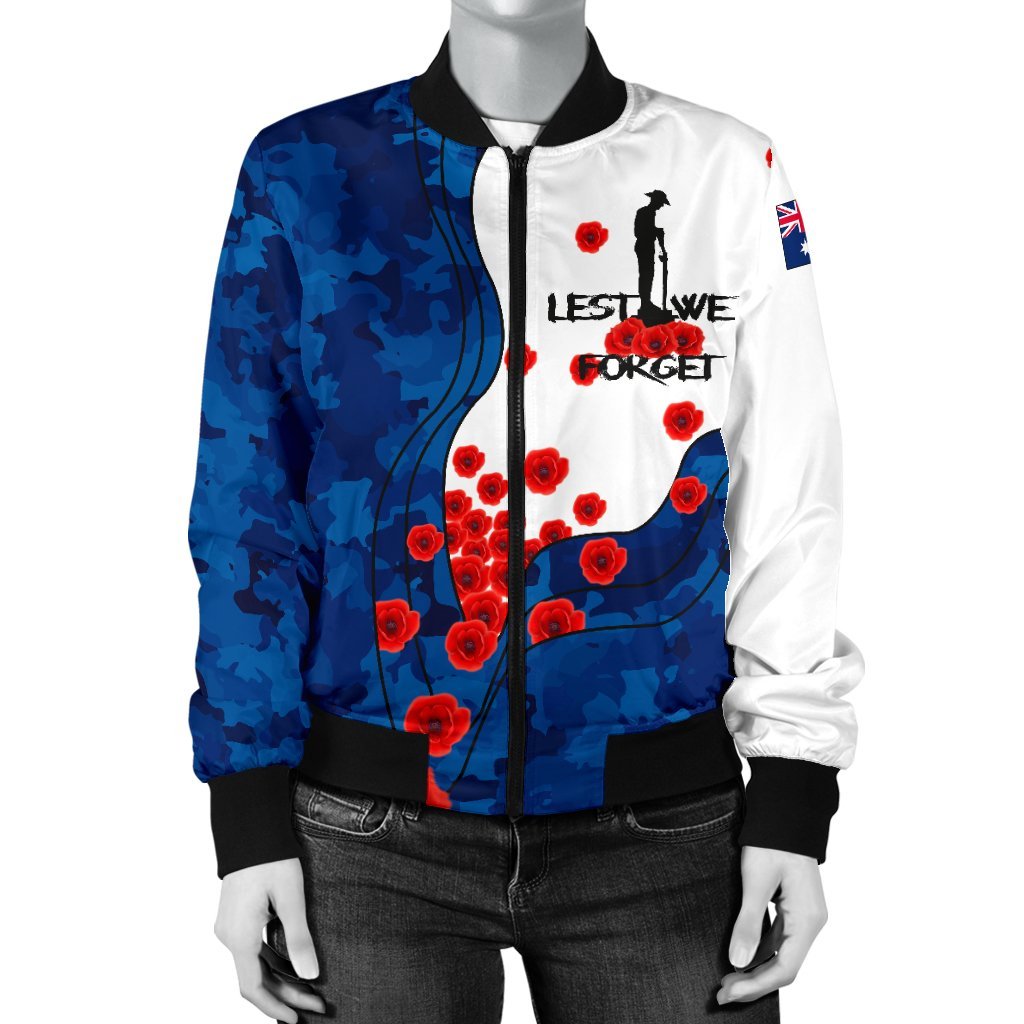 ANZAC Lest We Forget Women's Bomber Jacket - Australian Flag Blue - - Vibe Hoodie Shop