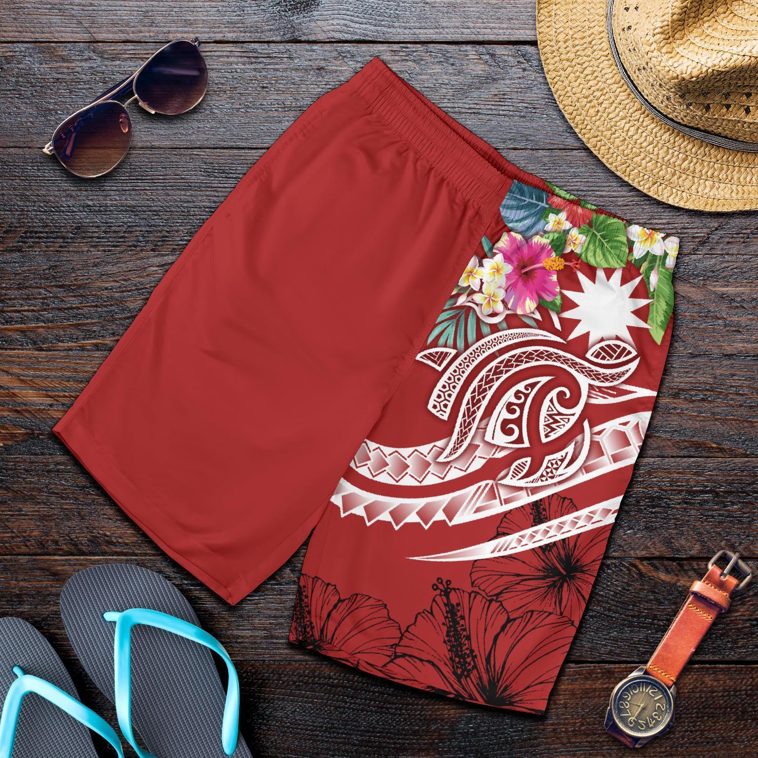 Nauru Polynesian Men's Shorts - Summer Plumeria (Red) - Vibe Hoodie Shop