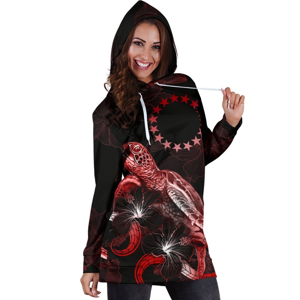 Cook Islands Polynesian Hoodie Dress - Turtle With Blooming Hibiscus Red - Vibe Hoodie Shop