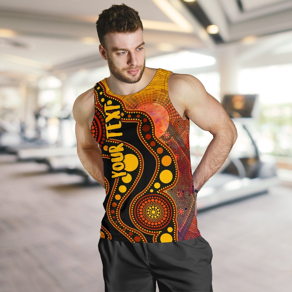 Custom Text Aboriginal Men's Tank Top - Australia Indigenous Flag Circle Dot Painting Art (Golden) - Vibe Hoodie Shop